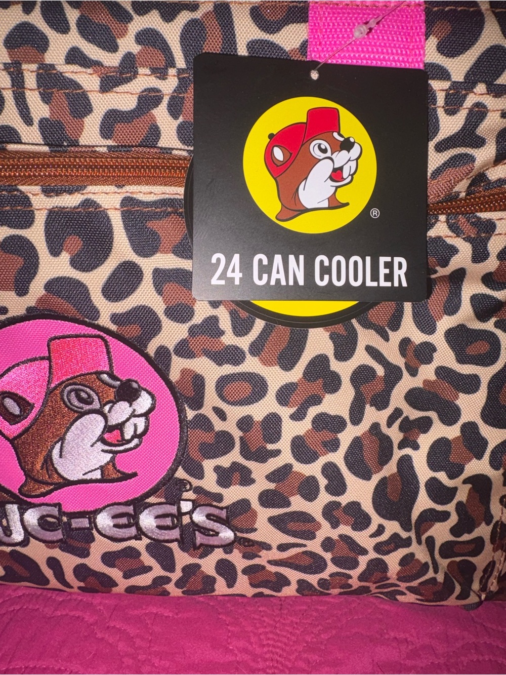 Buc-ees Leopard Print Cooler Bag with Hot Pink Accents - Picture 2 of 6